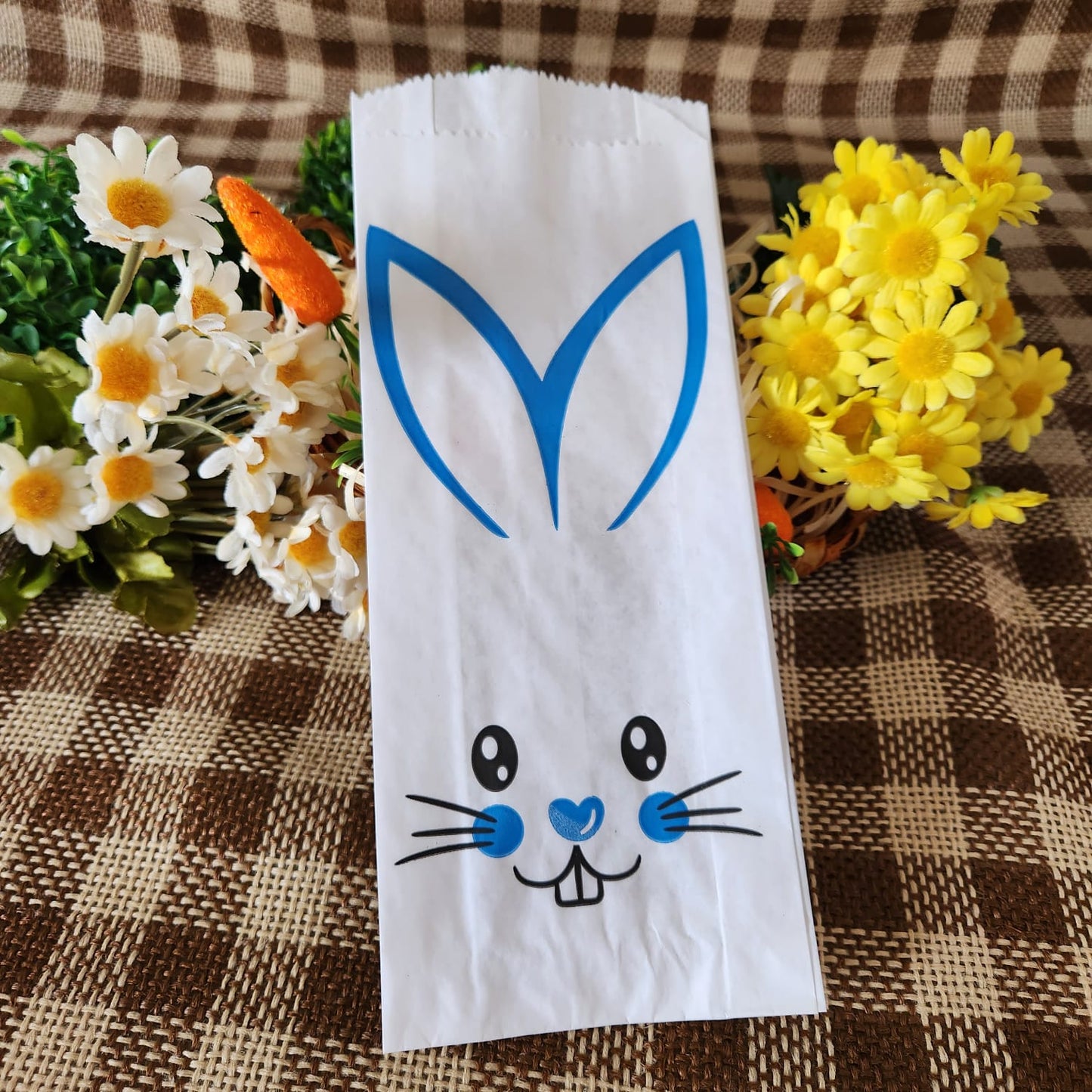 25UN Saquinho de papel Branco Coelho da páscoa Azul 10x27CM | Mimo de páscoa | Embalagem de papel páscoa