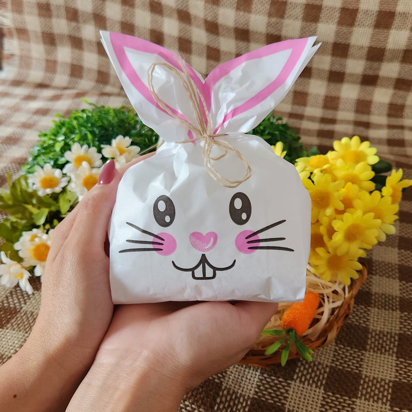 25UN Saquinho de papel Branco Coelho da páscoa Rosa 10x27CM | Mimo de páscoa | Embalagem de papel páscoa