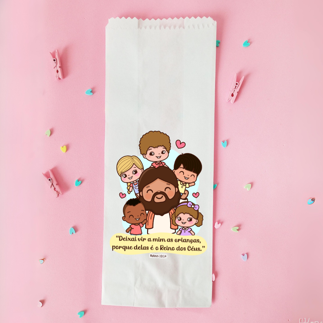 25 Un Saquinhos de papel branco para lembrancinha| Saquinho de papel Jesus Deixai vir a mim as crianças |Mimo evangélico