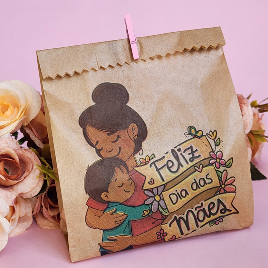 Saquinho de Papel pardo 10x15 Feliz dia das Mães - Mãe e Filho