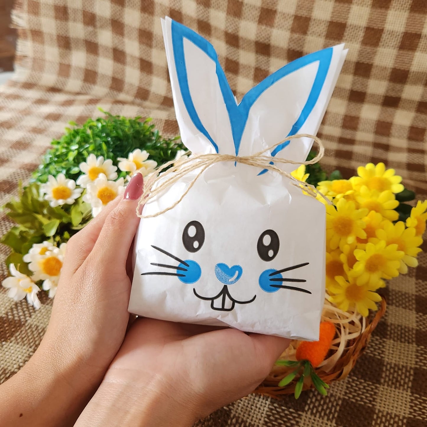 25UN Saquinho de papel Branco Coelho da páscoa Azul 10x27CM | Mimo de páscoa | Embalagem de papel páscoa