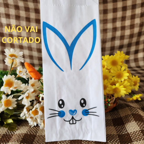 25UN Saquinho de papel Branco Coelho da páscoa Azul 10x27CM | Mimo de páscoa | Embalagem de papel páscoa