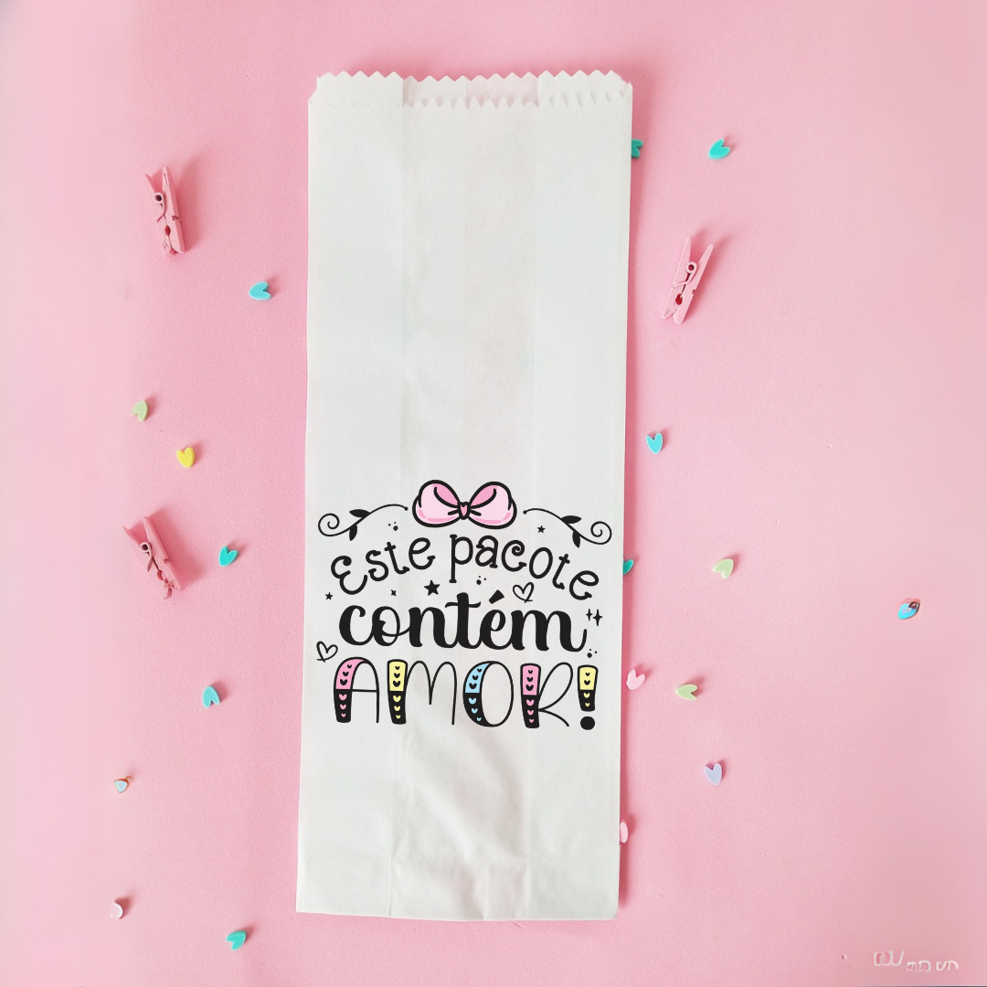 25UN  Embalagem de papel branco 10x27 cm | Saquinho de papel mimo| Este pacote contém amor