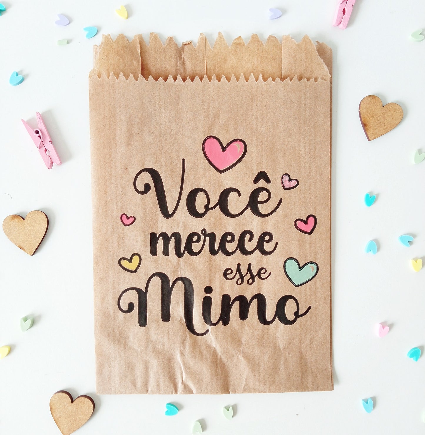 100UN Saquinhos de papel pardo para mimo 10x15 cm Você merece esse mimo corações
